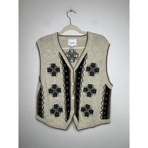 Christopher & Banks Knit Vest Heart Star Tan Navy Blue White Vintage Siz…